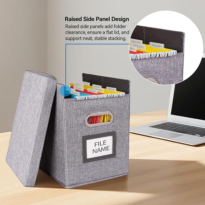 2 Pack Hanging File Folders Organizer with Lid, Letter Size Fabric File Storage Box Collapsible, Portable Office Document Holder with Metal Handle, Smooth PVC Rails, Gray