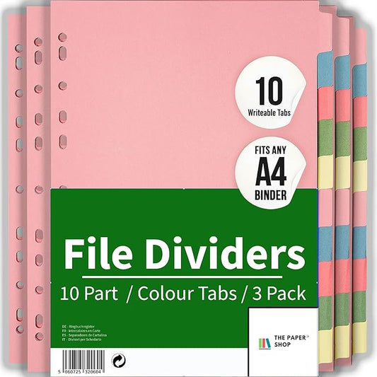 [3 Pack] Binder Dividers with Tabs A4 10 Part | DIviders for 3 Ring Binder | Perfect for Organizing Pages in 3 Ring Binder Dividers with tabs, Each Set Includes Tab Dividers - The Paper Shop