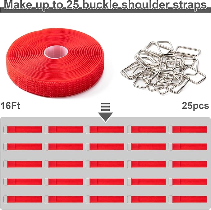 1" x16Ft Hook and Loop Straps with 25 Metal Buckles, Adjustable Fastening Cable Straps, Free Cut Length, Reusable Nylon Cable Ties for Organizer or Storage, Red