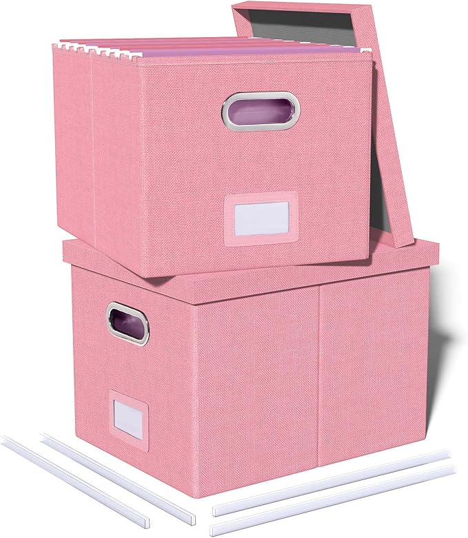 2 Pack File Storage Organizer, Filing Box, Portable File Box with Lid, Fit for Letter/Legal File Folder Storage, document organizer, New-pink