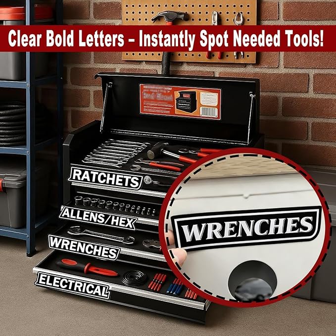 12 Pack of Magnetic Toolbox Labels, 3D-Printed Tool Box Labels, General Tool Box Organize Accessories, Reusable Tags for Steel Toolboxes, Carts, Drawers, and Cabinets (Black)