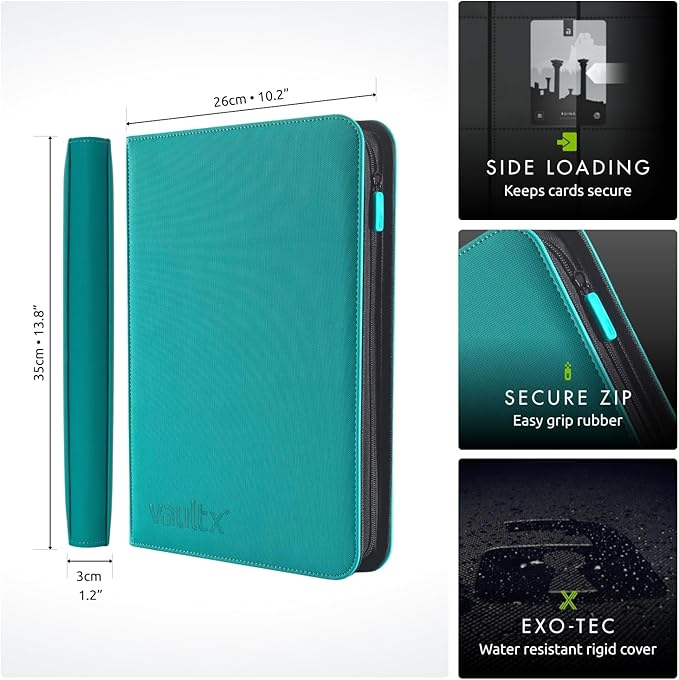 Vault X 9 Pocket Trading Card Zip Binder, 360 Cards, Premium Exo-Tec Album Material, 20 Side-Loading Pages, Folder for Collectible Games, Sports, TCG (Teal)