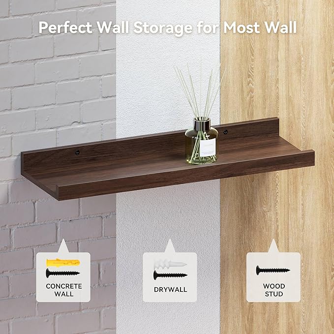 35.3 Inches Long Floating Shelves Wall Mounted, 2 Set Farmhouse Wall Shelf for Bedroom, Nursery Book Shelf with Lip, Picture Ledge Shelf for Decor Living Room Bathroom Kitchen - Walnut