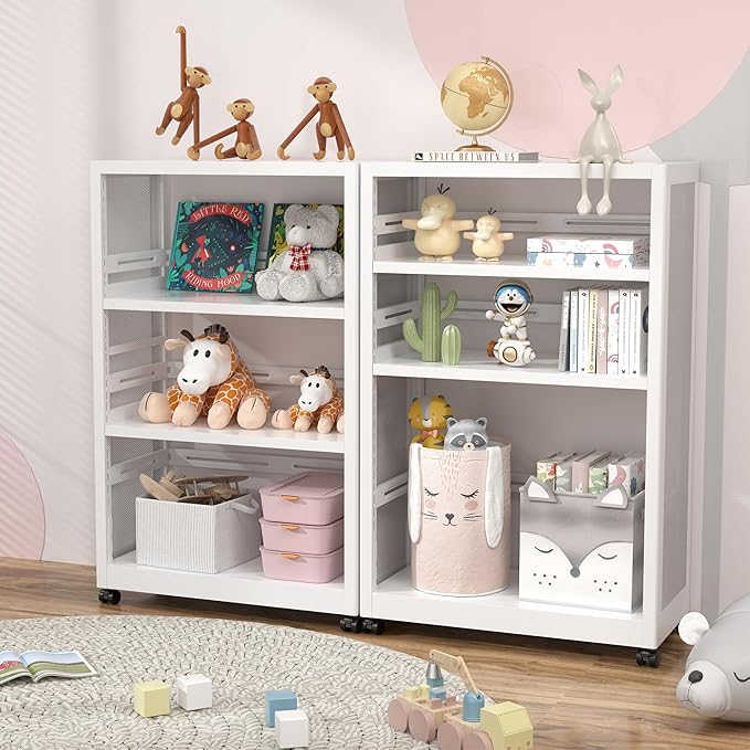 [Industrial Grade] Mobile 3 Tier Bookshelf, Metal 3 Shelf Bookcase on Wheels, Heavy Duty Book Shelf for Small Space, Book Case for Home Office, Living Room, School, Assembly Required, White