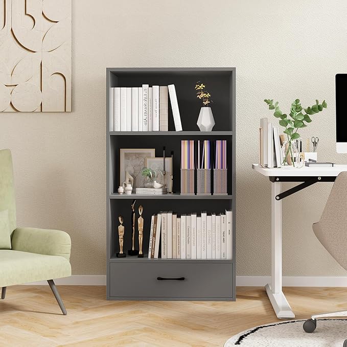 4-Tier Bookcase with Drawer, Wooden Cube Storage Organizer, Modern Display Shelf, Small Bookshelf for Small Spaces, 42.5" Tall Book Shelf for Classroom, Kid's Room, Bedroom (Grey)