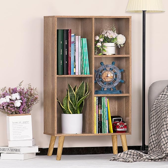 5 Cube Small Bookshelf,3 Tier Mid-Century Modern Bookcase with Legs,Wood Kids Bookshelves Storage Organizer Shelf,Free Standing Narrow Book Shelves,Oak Grey Corner Bookcases for Bedroom,Living Room