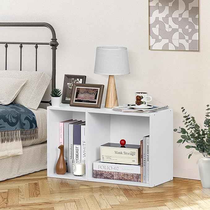 YAHARBO 2 Cube Bookshelf, White Record Player Stand with Vinyl Storage Up to 100 Albums, Horizontal Low Book Shelf, Mini Bookcase with Storage Organizer, Small Turntable Stand for Living Room, Bedroom