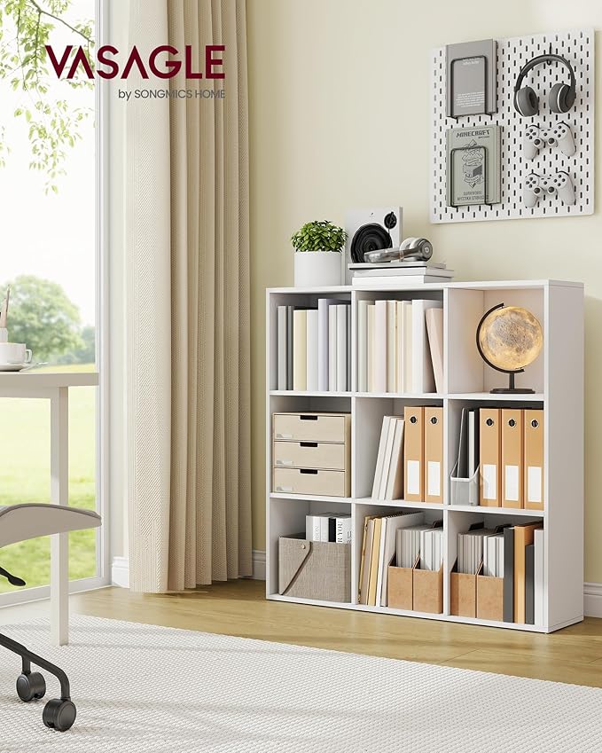 VASAGLE Custos Collection - Bookshelf, Bookcase, Cube Shelf with 9 Compartments, 9.4 x 38.6 x 38.6 Inches, Storage Shelf, for Living Room, Home Office, Dining Room, Cloud White ULBC477W01