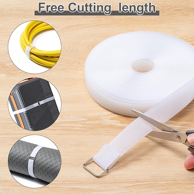 1" x32Ft Hook and Loop Straps with 50 Metal Buckles, Adjustable Fastening Cable Straps, Free Cut Length, Reusable Nylon Cable Ties for Organizer or Storage, White