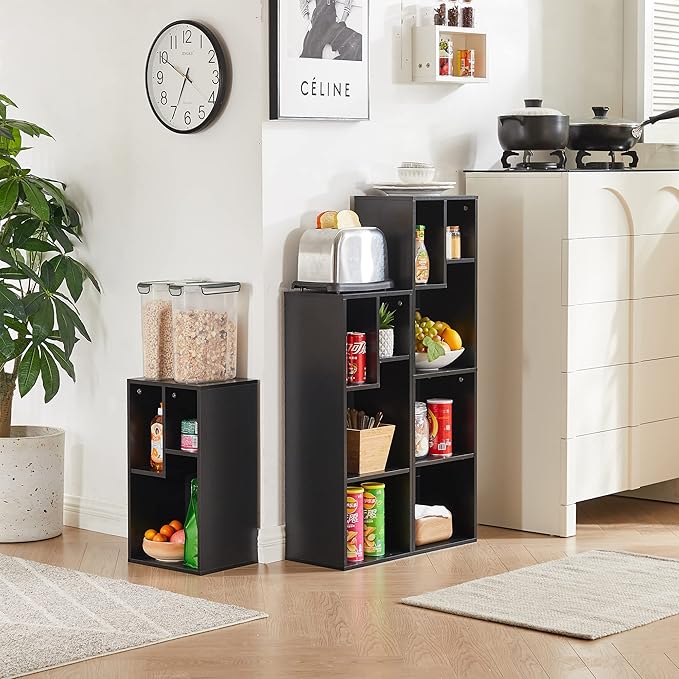 VECELO 3-Tier Small Bookcase, 4 Cube Bookshelf with Height Difference Shelves for Most Books, Modern Floor Standing Unit, Each Shelf Hold Up to 66 LBS for Living Room Bedroom, Vintage Black