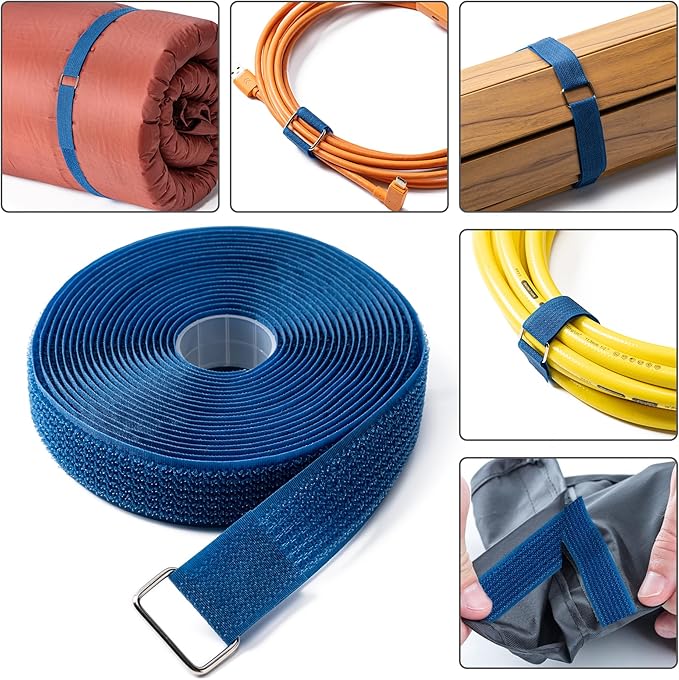1" x16Ft Hook and Loop Straps and Cinch Straps with 25 Metal Buckles, Adjustable Fastening Cable Straps, Free Cut Length, Reusable Nylon Cable Ties for Organizer or Storage, Blue