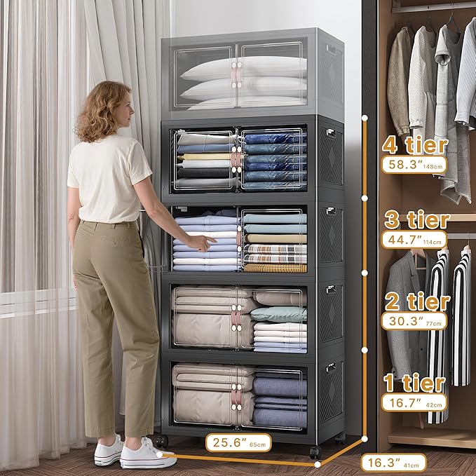 480Qt Stackable Storage Bins with Lids, 4 Pack Large Collapsible Bins with Wheels, Plastic Cabinet with Doors, Foldable Closet Organizers and Storage for Home, Dorm, Office, Black