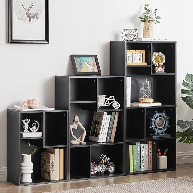 VECELO 3-Cube Bookshelf, Fits Tallest Hardcovers, Horizontal Available, Modern Bookcase, Cubby Storage Organizer for Small Space, Bedroom, Living Room,Black