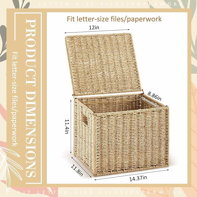 1 Pack Paper Rope File Box Organizers Collapsible Letter Size Filing Cabinet with Lid Woven Hanging File Basket Portable Decorative Document Storage Box for Office/Decor/Home (Letter Size)
