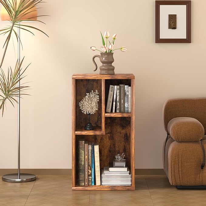 VECELO 3 Cube Small Bookcase, Fits Tallest Hardcovers, Horizontal Available, 2-Tier Modern Bookshelf, Storage Organizer for Small Spaces, Kids Room, Bedroom Living Room, Rustic Brown