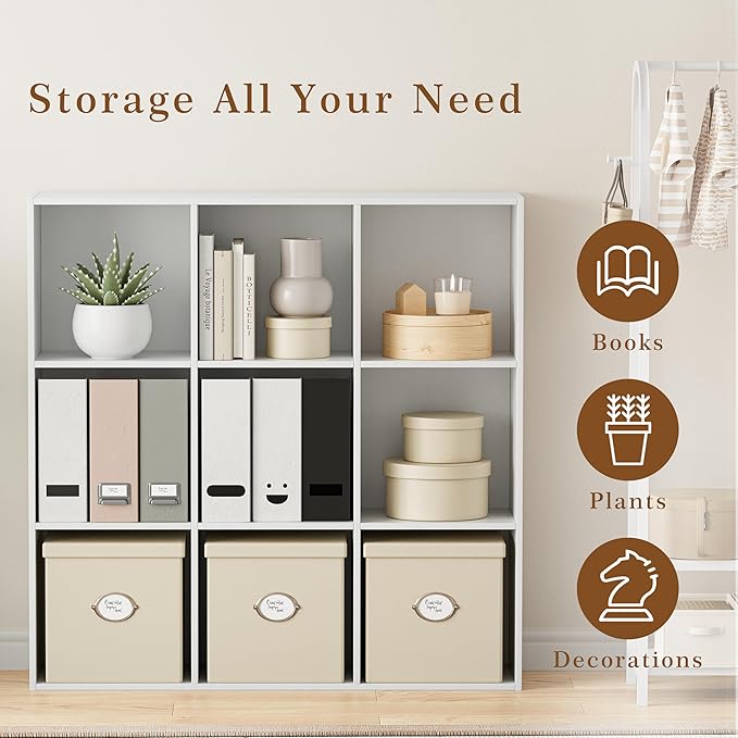 Wooden Storage Organizer with Closed Back Panel, 11in Cube Shelf Opening, Bookshelf, Display Shelf,Closet Cabinet for Home and Office (Embossed White, 9-Cube 35.98L*9.45W*35.91H)