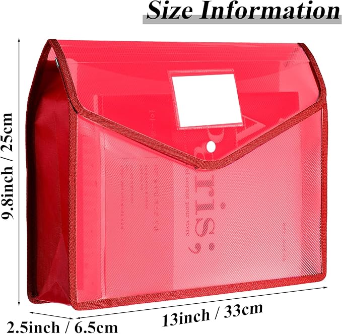 10 Pieces Plastic File Folders Envelope Expanding File Wallet Organizer Documents Folder with Snap Closure and Pocket, A4 Size Waterproof Transparent Pouch(Red,Horizontal)