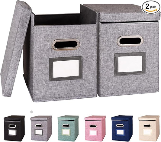 2 Pack Hanging File Folders Organizer with Lid, Letter Size Fabric File Storage Box Collapsible, Portable Office Document Holder with Metal Handle, Smooth PVC Rails, Gray