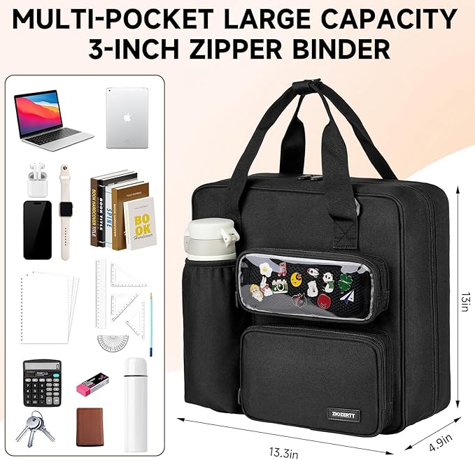 Zipper Binder 3 Ring with Ita Window,700 Sheets Capacity, Binder 3 Inch with Shoulder Strap Fits 13 Inch Laptop for School and Office,Black