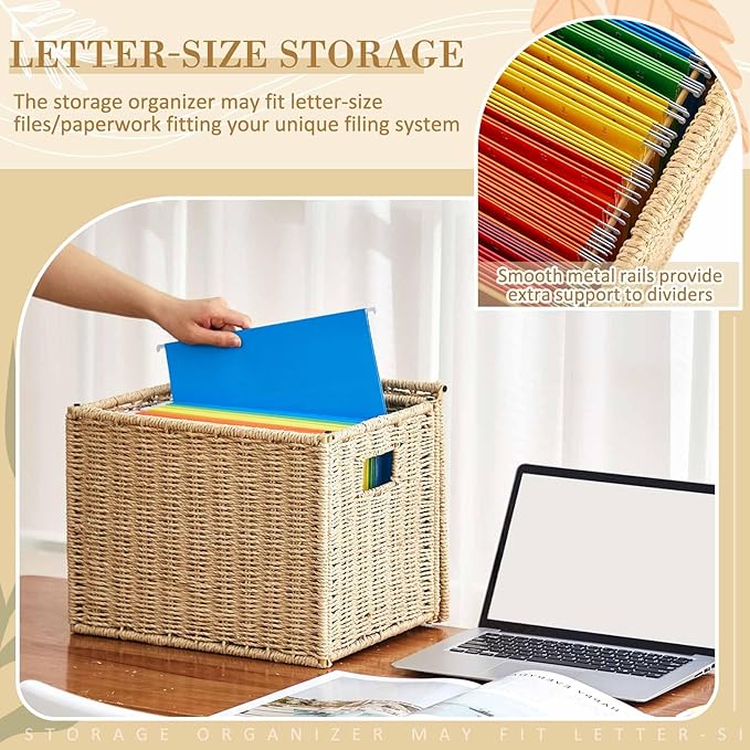 1 Pack Paper Rope File Box Organizers Collapsible Letter Size Filing Cabinet with Lid Woven Hanging File Basket Portable Decorative Document Storage Box for Office/Decor/Home (Letter Size)