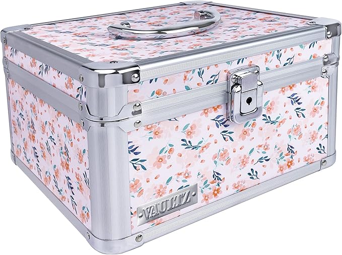 Vaultz Portable Safe Box - 10 x 10 x 6.5 Inch Large Storage Box with Lock, Mesh Pocket & Adjustable Compartments for Cash, Documents and Valuables - Floral