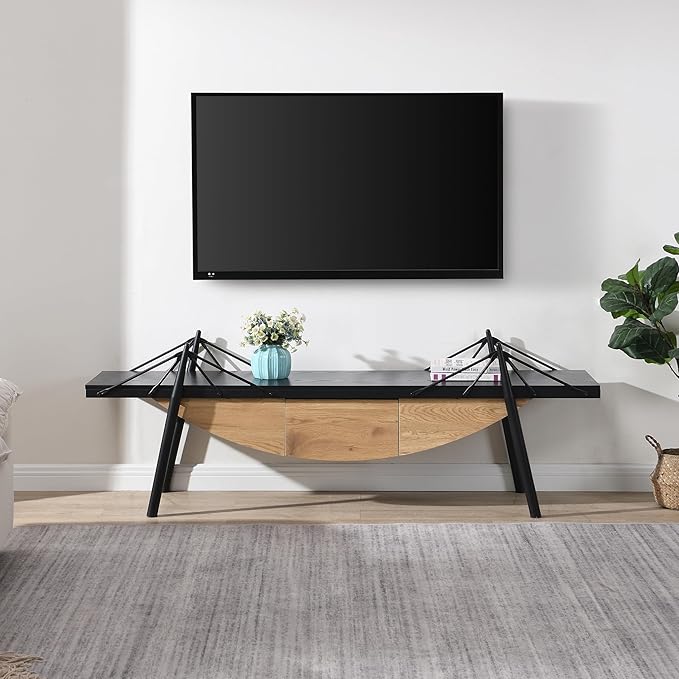 1 Tier Modern Boat-Shaped Bookshelf with Drawer, Black & Natural, 70.9" Long Horizontal Low Shelf for Storage Display Decoration, Sturdy MDF & Metal Industrial Frame, for Bedroom, Office