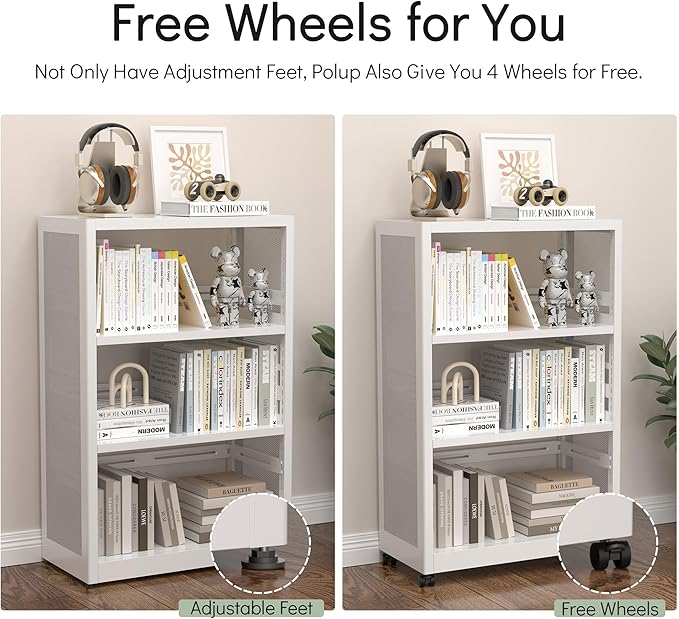 [Industrial Grade] Mobile 3 Tier Bookshelf, Metal 3 Shelf Bookcase on Wheels, Heavy Duty Book Shelf for Small Space, Book Case for Home Office, Living Room, School, Assembly Required, White