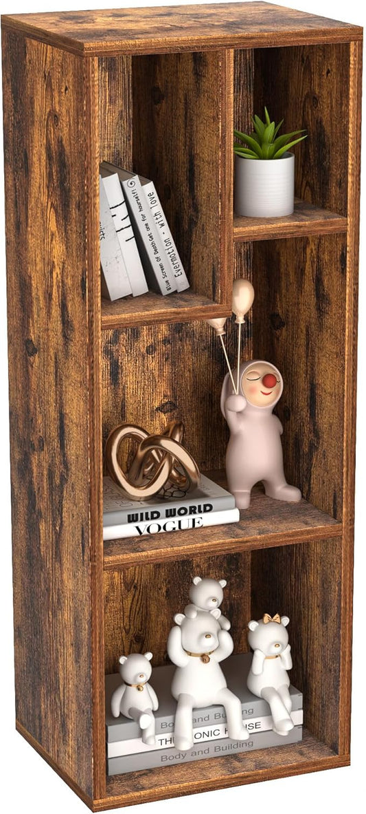 VECELO 3-Tier Small Bookcase, 4 Cube Bookshelf with Height Difference Shelves for Most Books, Modern Floor Standing Unit, Each Shelf Hold Up to 66 LBS for Living Room Bedroom, Rustic Brown