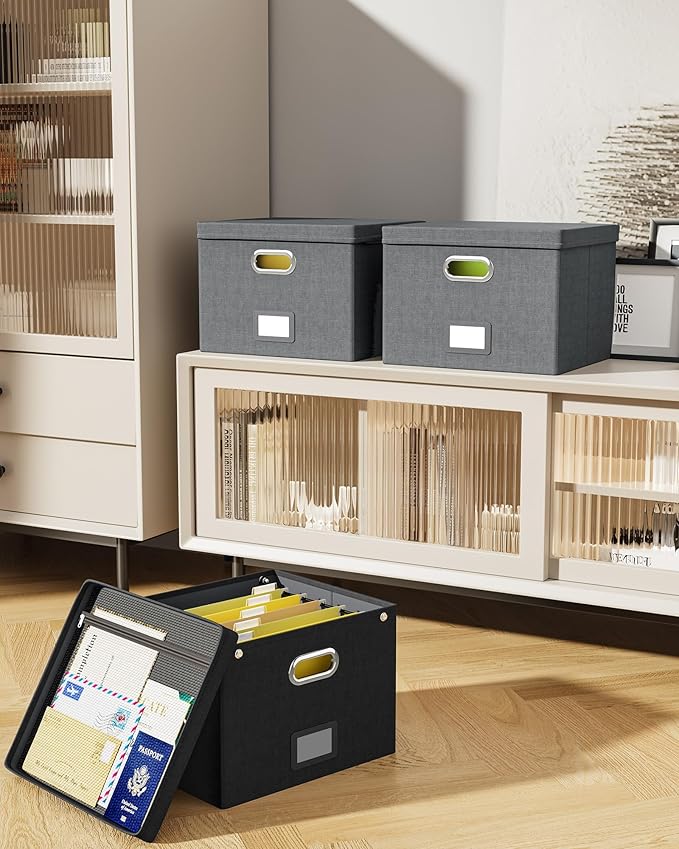 2 Pack File Organizer Box with Lid, Large Hanging Filing Box with Mesh Pocket, Document Organizer for Letter Files, Portable Storage Case for Office&Home (Black)