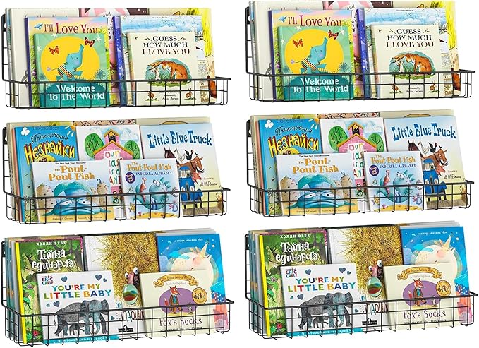 X-cosrack Floating Book Shelves for Wall Kids Bookshelf,Metal Hanging Wall Mounted Shelf for Nursery Toddler, Kids Room, Classroom,Set of 6,Black,2 Sizes