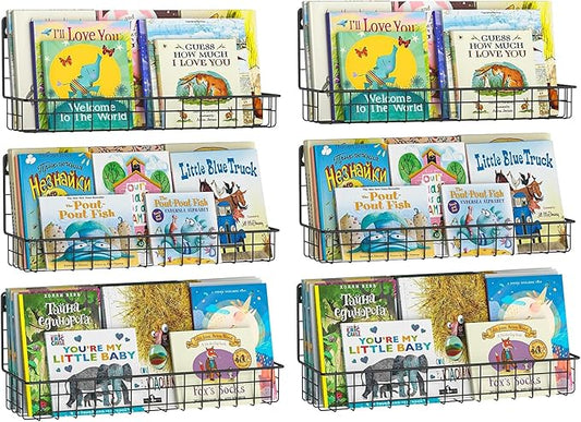 X-cosrack Floating Book Shelves for Wall Kids Bookshelf,Metal Hanging Wall Mounted Shelf for Nursery Toddler, Kids Room, Classroom,Set of 6,Black,2 Sizes