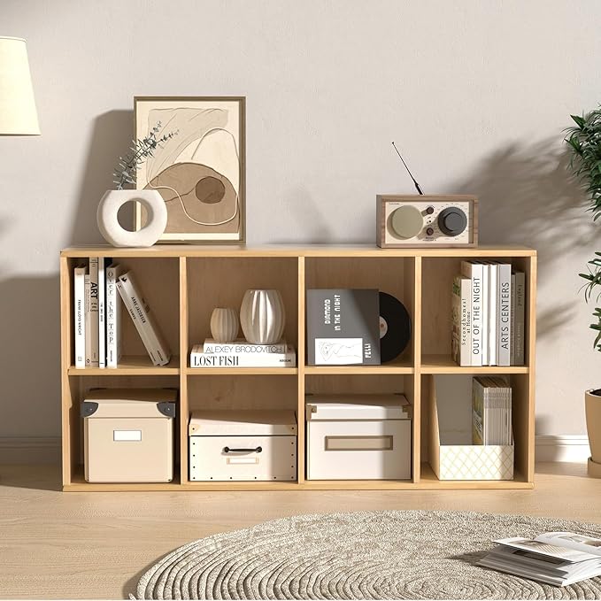 Wooden 8 Cube Storage Organizer with Closed Back Panel,White Cube Shelf Cubby Storage Organizer with Compartments for Living,Bookshelf,Storage Organizers Easy to Install (Oak, 8 Cube)