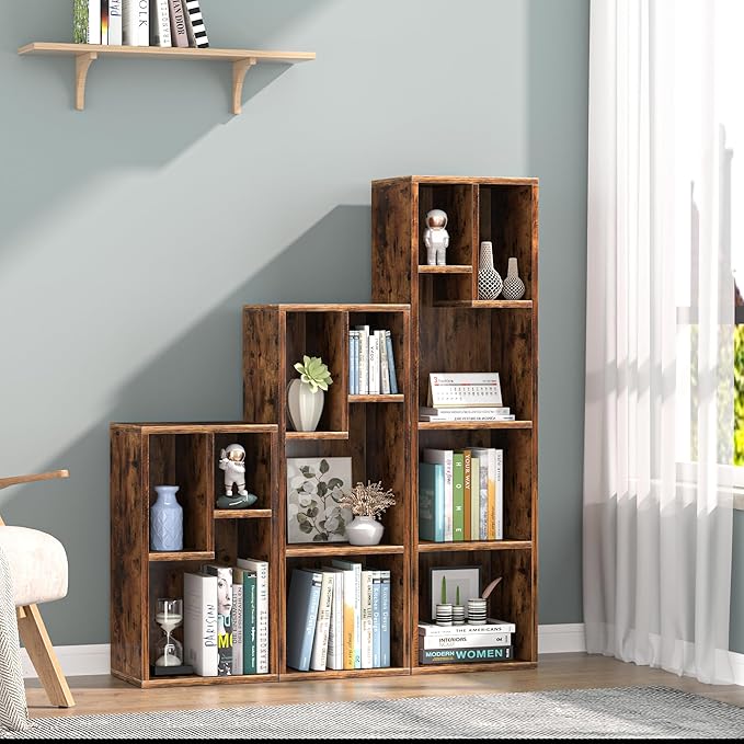 VECELO 3 Cube Small Bookcase, Fits Tallest Hardcovers, Horizontal Available, 2-Tier Modern Bookshelf, Storage Organizer for Small Spaces, Kids Room, Bedroom Living Room, Rustic Brown