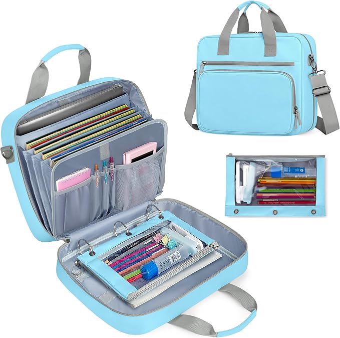 Yarwo 3 Ring Zipper Binder with Binder Pouch, Expanding File Organizer with Padded Sleeve Fit for 14 Inch Laptop, Portable Document Organizer Bag for Home, College, Office Supplies, Blue