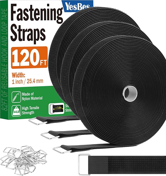 1" x120ft Hook and Loop Straps with 60 Metal Buckles, Adjustable Fastening Cinch Straps, Cut to Length Cable Straps, Reusable Nylon Straps 1 Inch Wide for Organizer or Storage, Black