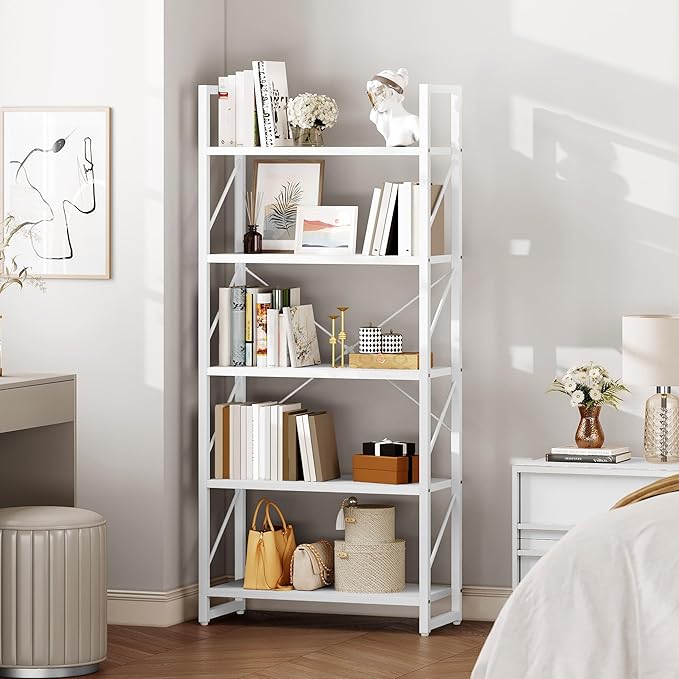 YITAHOME 5 Tiers Bookshelf, Modern White Bookcase, Book Holder Organizer, Display Storage Rack Standing Shelves for Bedroom Living Room/Home/Office, All White