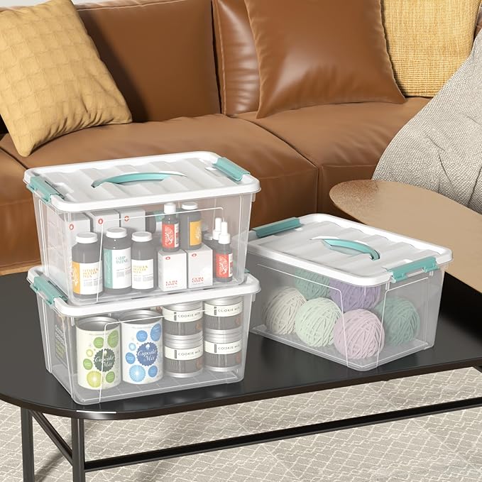 14 Qt Stackable Plastic Storage Bins with White Lids, Clear Latching Storage Organizer Box, 8 Packs