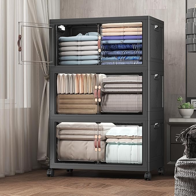 480Qt Stackable Storage Bins with Lids, 3 Pack Large Collapsible Bins with Wheels, Plastic Cabinet with Doors, Foldable Closet Organizers and Storage for Home, Dorm, Office, Black