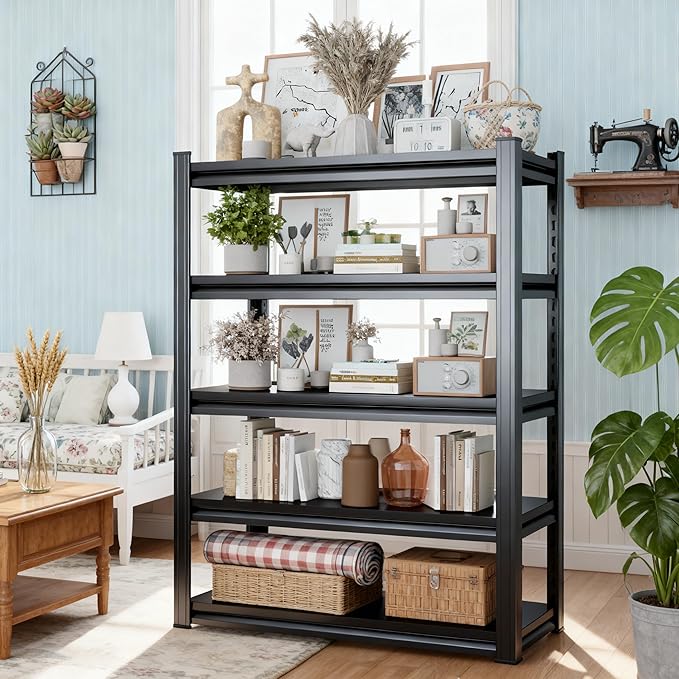 5 Shelf Storage Bookcase - Industrial Adjustable Metal, Mid-Height Organizer - Living Room/Office/Bedroom Essential, Black