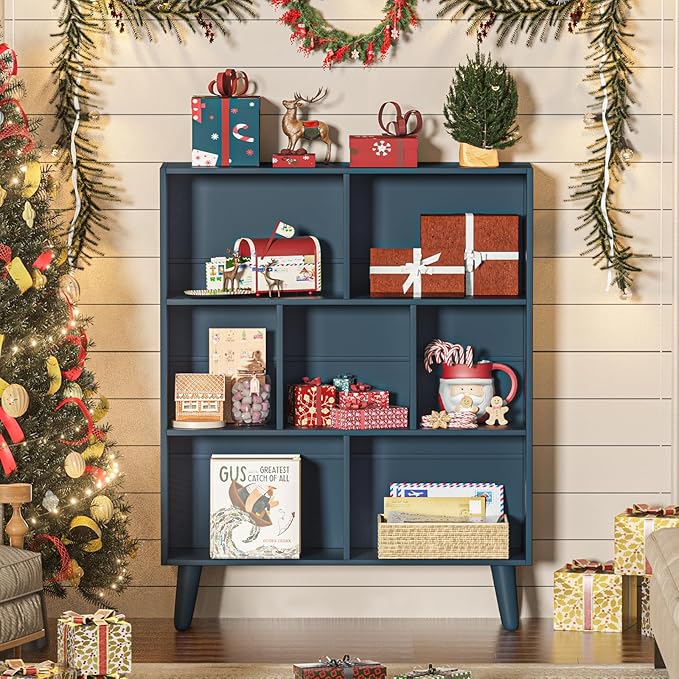 YAHARBO Blue Bookshelf,3 Tier Book Shelf with Legs, 7 Cube Minimalist Bookcase,Storage Organizer Shelves Display Bookcases for Bedroom,Living Room