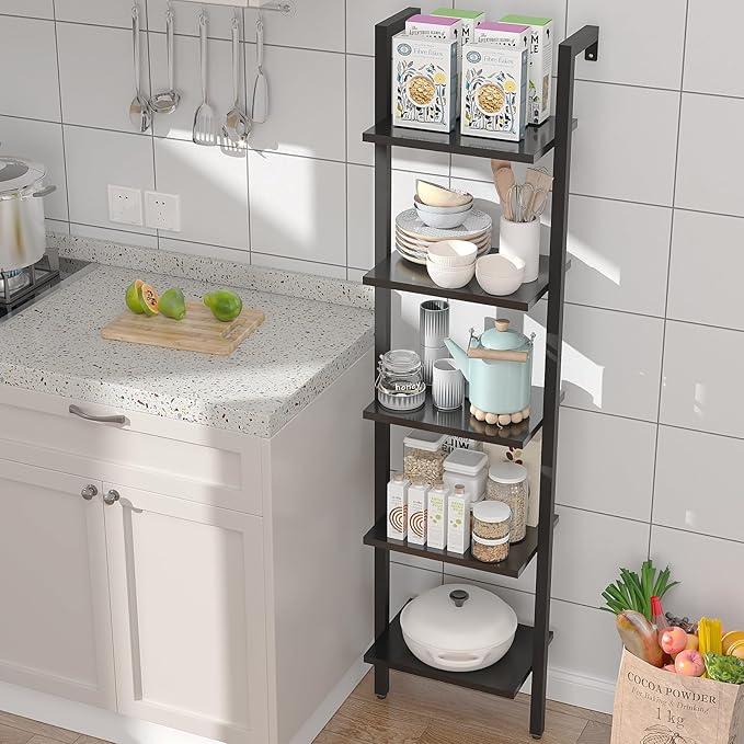 YMYNY 5 Tiers Narrow Ladder Bookcase, Industrial Wall Mounted Bookshelf, Open Display Rack with Metal Frame, Wooden Storage Shelves for Bedroom, Home Office, Living Room, Black, 70*17.3*11.8"UHBC015B