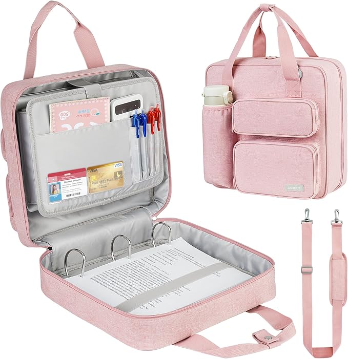 Zipper Binder 3 Ring, 700 Sheets Capacity, Binder 3 Inch with Shoulder Strap Fits 13 Inch Laptop for School and Office,Pink