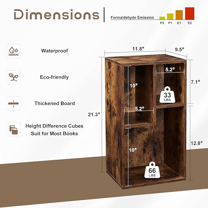 VECELO 3 Cube Small Bookcase, Fits Tallest Hardcovers, Horizontal Available, 2-Tier Modern Bookshelf, Storage Organizer for Small Spaces, Kids Room, Bedroom Living Room, Rustic Brown
