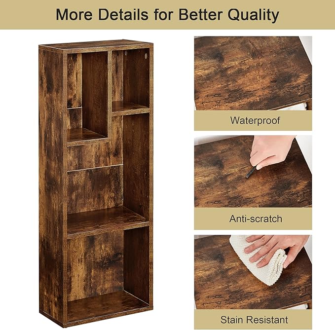 VECELO 3-Tier Small Bookcase, 4 Cube Bookshelf with Height Difference Shelves for Most Books, Modern Floor Standing Unit, Each Shelf Hold Up to 66 LBS for Living Room Bedroom, Rustic Brown