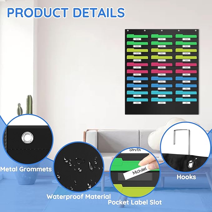 ZKOO 30 Pockets Hanging Wall File Organizer, Heavy Duty Wall Pocket File Holder for A4 Size Paper/Legal/ Letter Size Document, for Classroom, Office, Home Use with 5 Hangers, 30 Tags Pocket