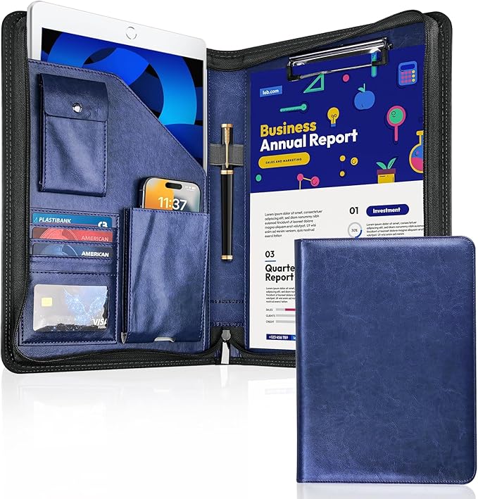 Zippered Padfolio Organizer, WRIYES Leather Planner Binder, 10.2 Inch Portfolio Folder for Documents, Letter Size Business Card Holder for Men&Women (Blue)