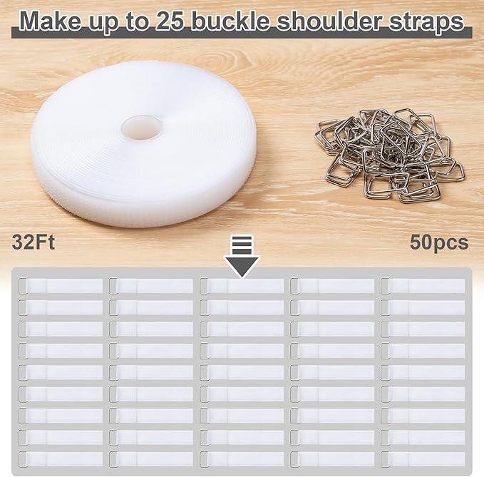 1" x32Ft Hook and Loop Straps with 50 Metal Buckles, Adjustable Fastening Cable Straps, Free Cut Length, Reusable Nylon Cable Ties for Organizer or Storage, White