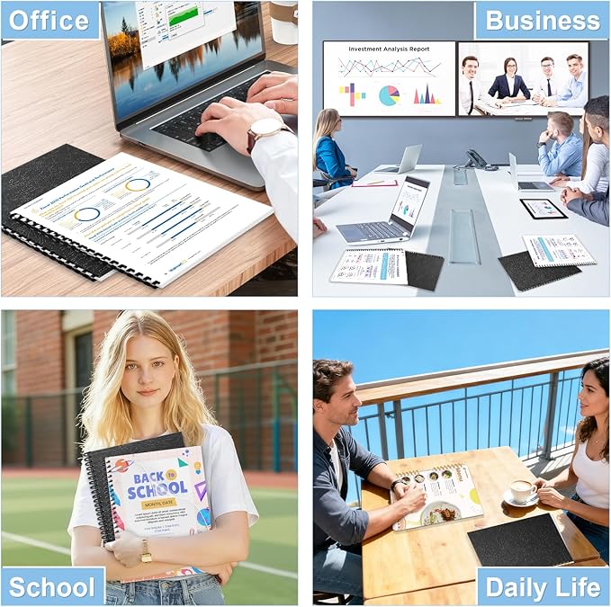 100 Pack Binding Covers and Backs Set, 8.5x11 Inches, Including 50 Pcs 5 Mil Clear PVC Binding Covers, 50 Pcs 12 Mil Black Paper Leather Textured Binding Covers, Letter Size