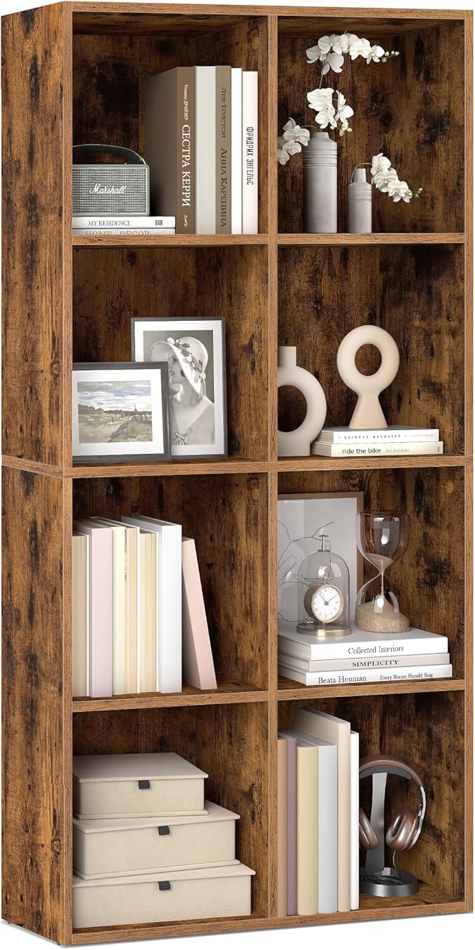 VASAGLE Custos Collection - Bookshelf, Bookcase, Cube Shelf with 8 Compartments, 9.4 x 25.8 x 51 Inches, Storage Shelf, for Living Room, Home Office, Dining Room, Rustic Brown ULBC424K01