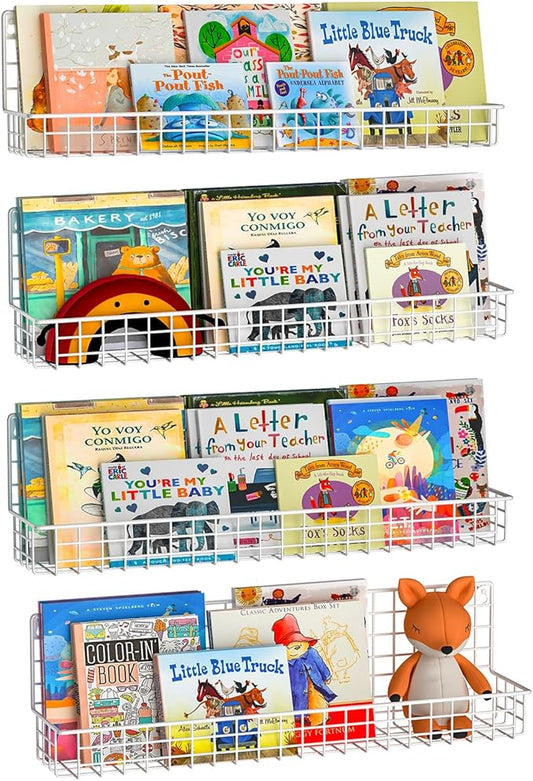 X-cosrack 24 Inch Wall Mounted Kids Bookshelf, Floating Metal Book Shelves for Kids Nursery Toddler Classroom, Hanging Book Shelf Organizer for Room Decor, White, Set of 4